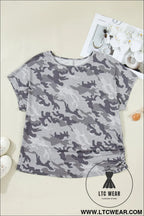 Gray plus size camo print casual t shirt - plus size tops & tees
