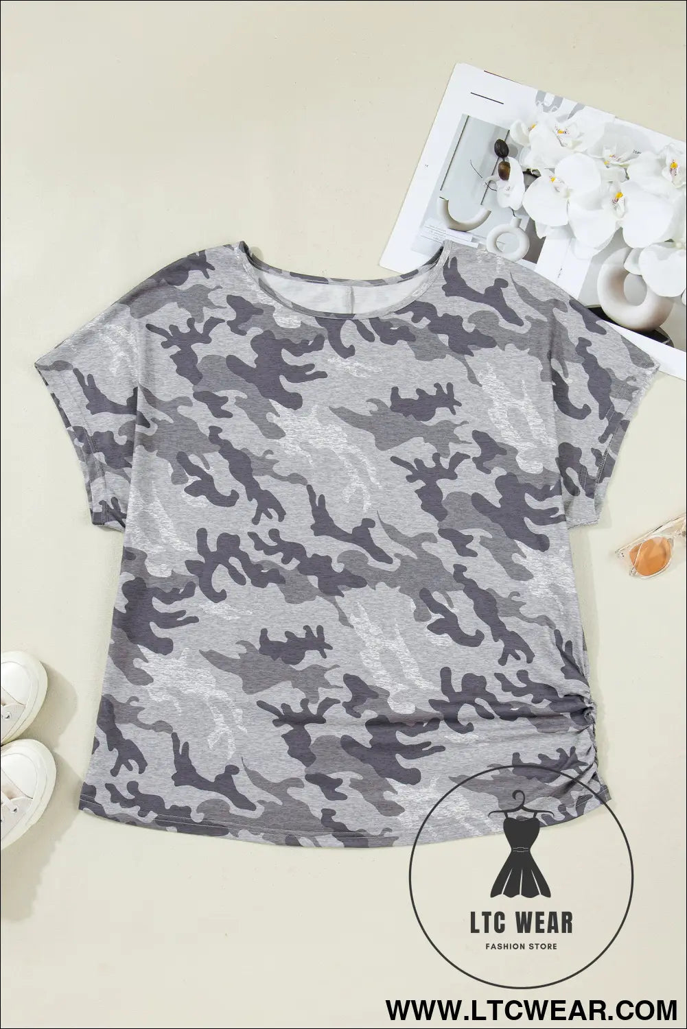 Gray plus size camo print casual t shirt - plus size tops & tees