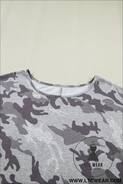 Gray plus size camo print casual t shirt - plus size tops & tees