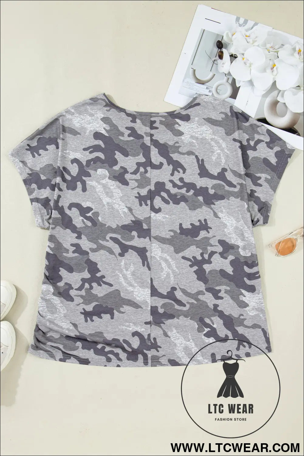 Gray plus size camo print casual t shirt - plus size tops & tees