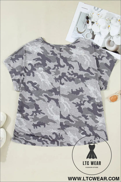 Gray plus size camo print casual t shirt - plus size tops & tees