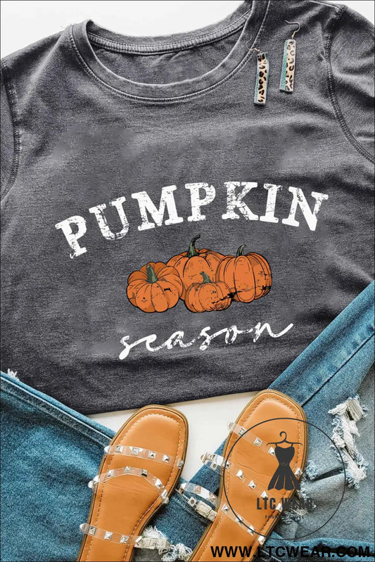 Gray Pumpkin Season Graphic Round Neck Short Sleeve T-Shirt