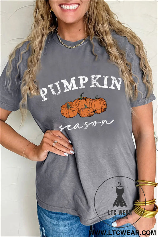 Gray Pumpkin Season Graphic Round Neck Short Sleeve T-Shirt