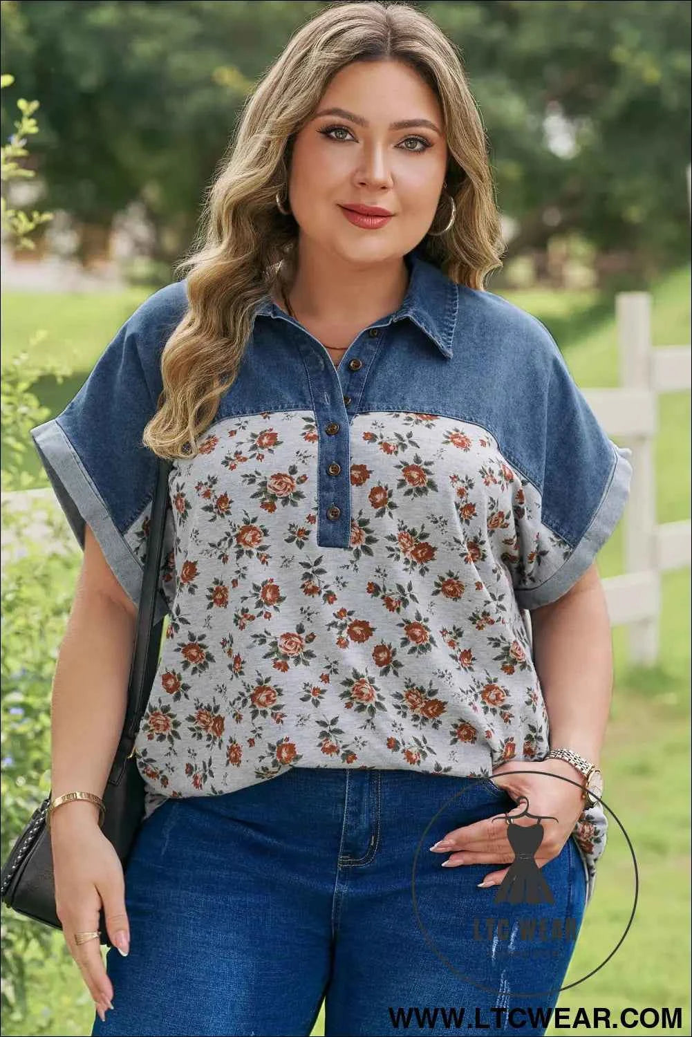 Gray Retro Floral Print Denim Patchwork Plus Size Polo Tee