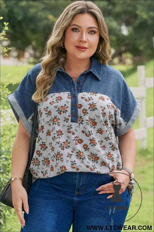 Gray Retro Floral Print Denim Patchwork Plus Size Polo Tee