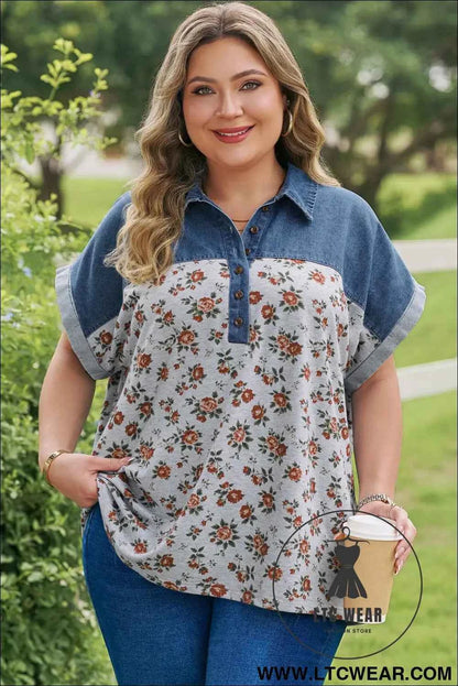 Gray Retro Floral Print Denim Patchwork Plus Size Polo Tee