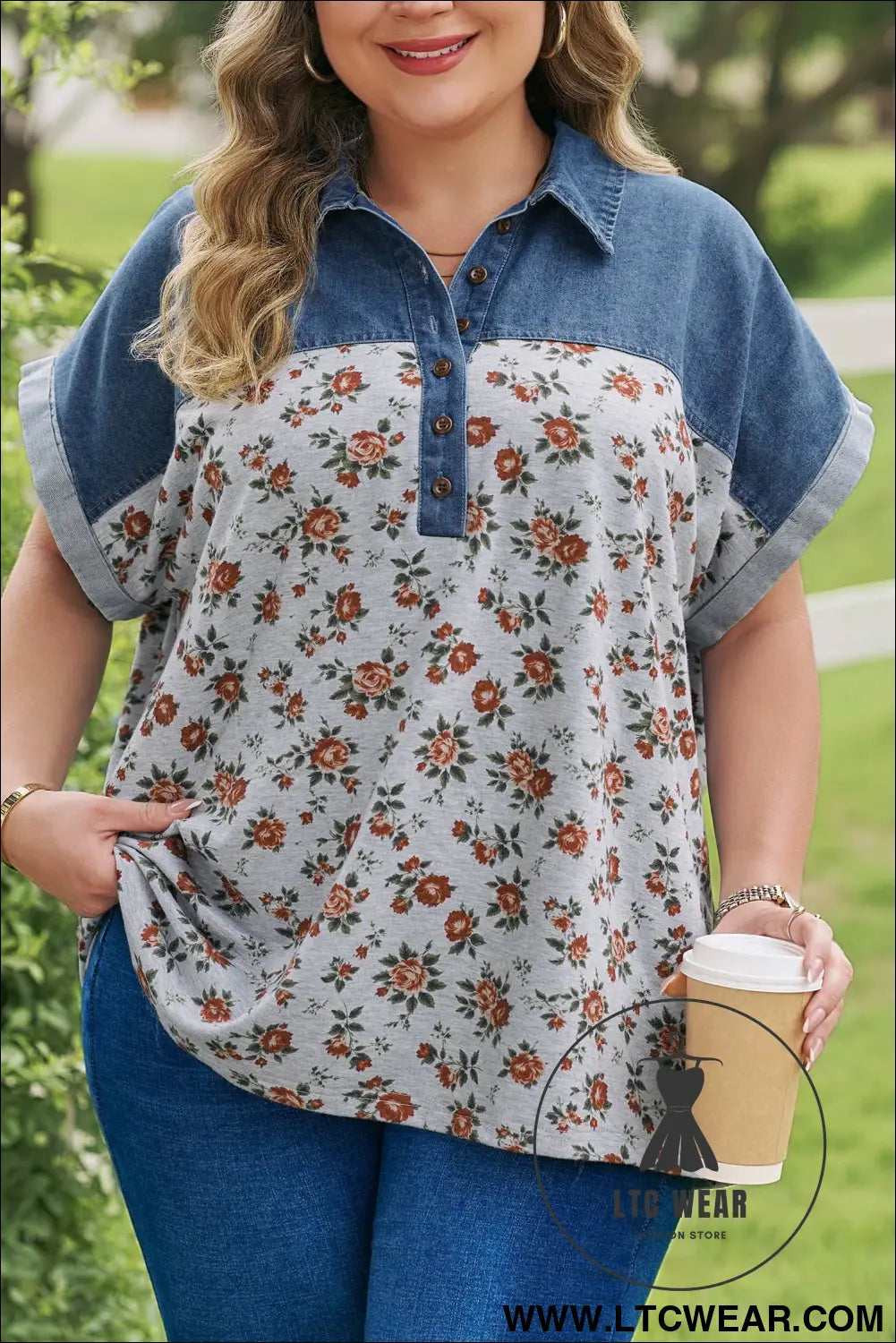 Gray retro floral print denim patchwork plus size polo tee - 30%