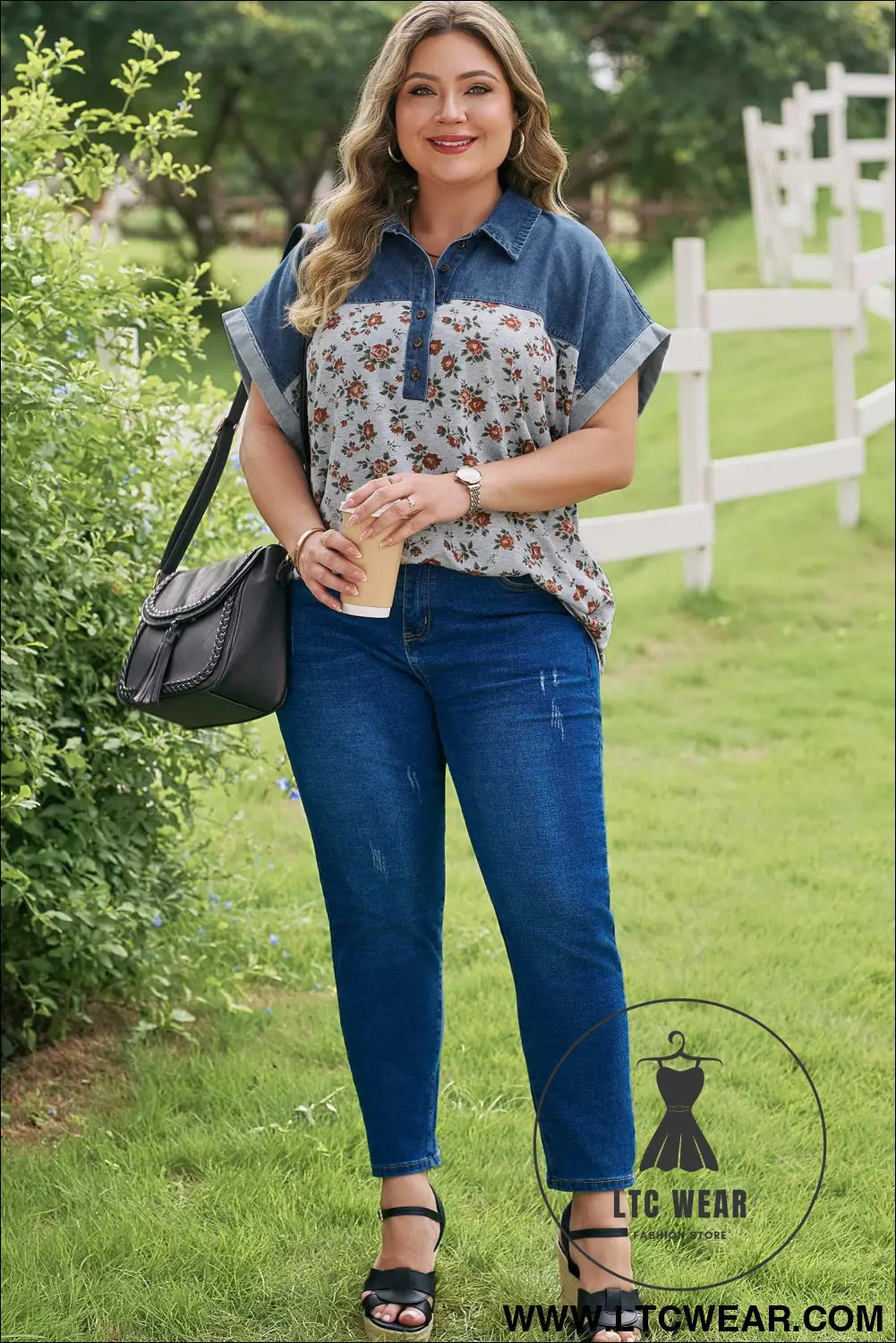 Gray retro floral print denim patchwork plus size polo tee - 30%