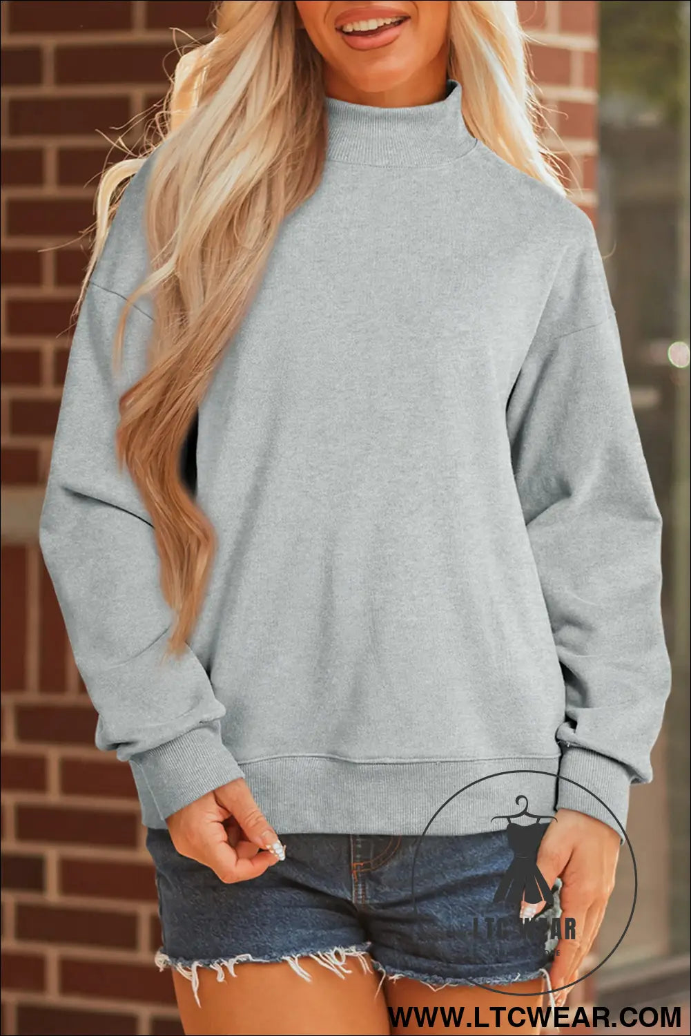 Gray Solid Color Oversized Mock Neck Sweatshirt - L.T.C Wear Online Fashion Store