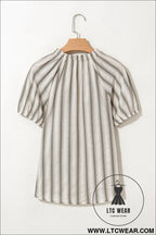 Gray stripe frilled tie neck short sleeve blouse - 15%