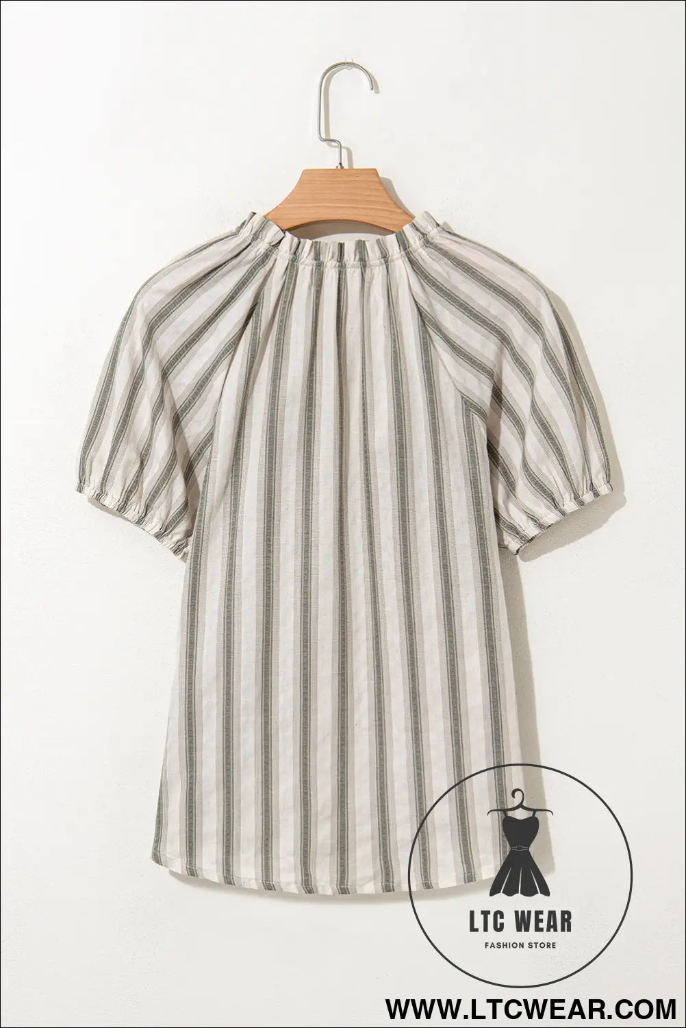 Gray stripe frilled tie neck short sleeve blouse - 15%