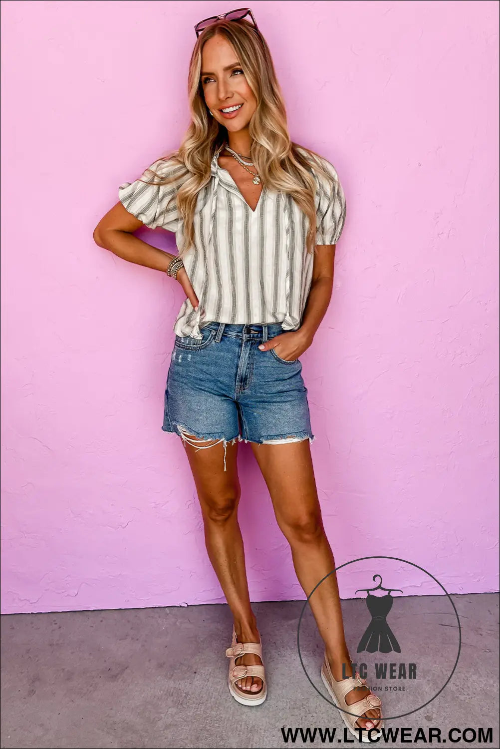 Gray stripe frilled tie neck short sleeve blouse - 15%