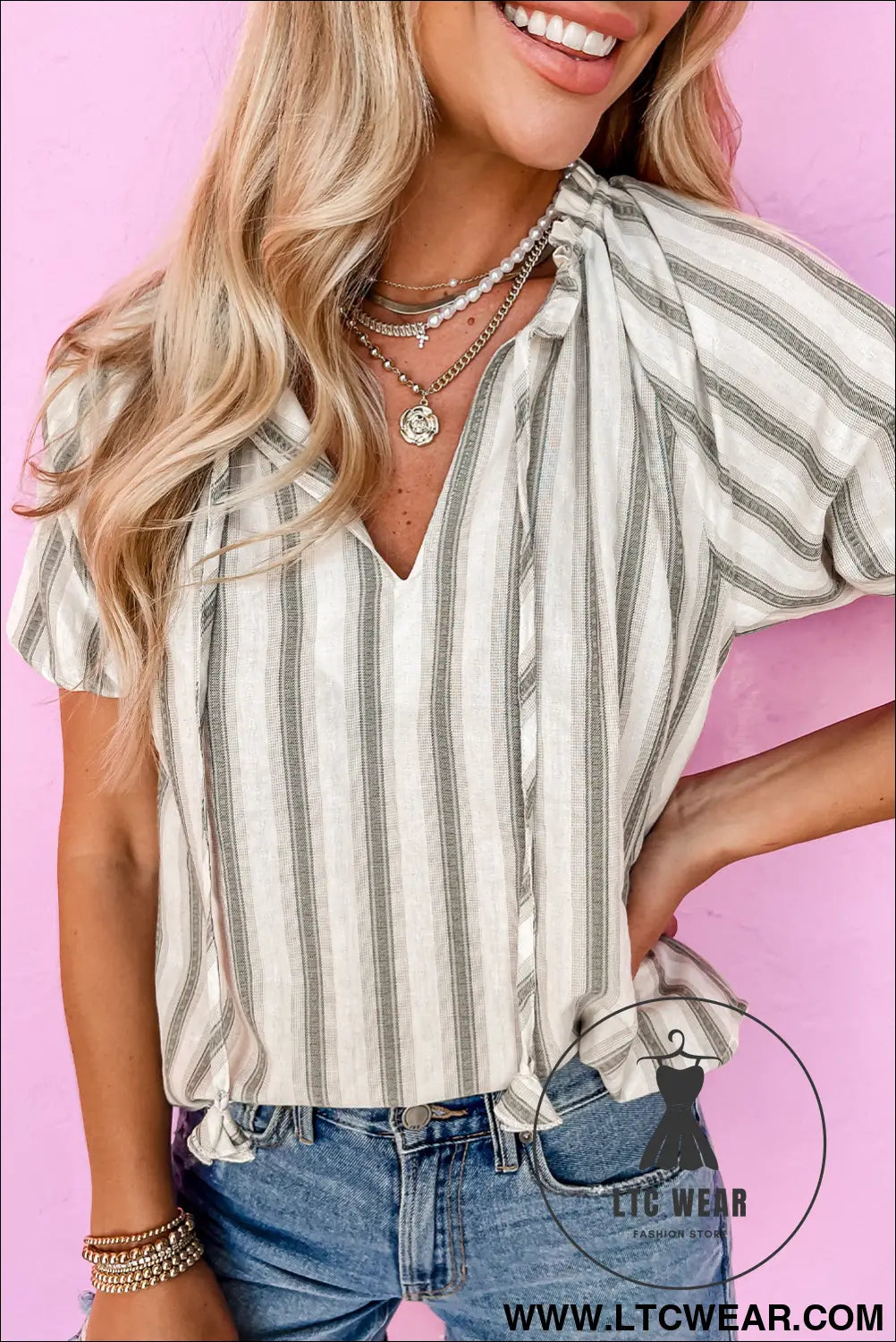 Gray stripe frilled tie neck short sleeve blouse - 15%