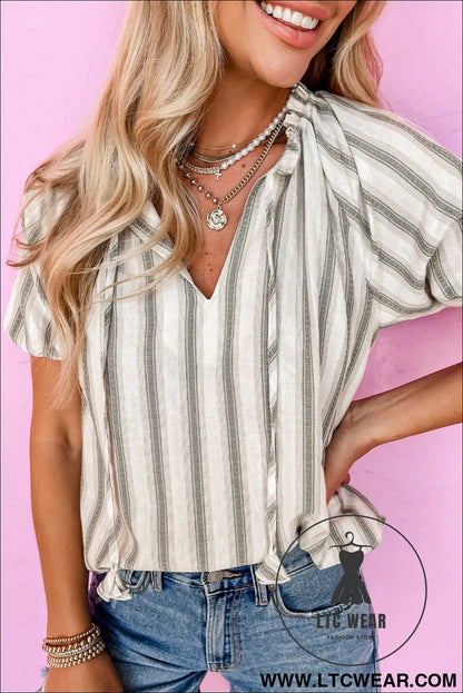Gray stripe frilled tie neck short sleeve blouse - 15%