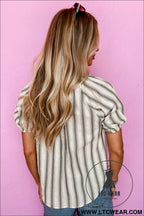 Gray stripe frilled tie neck short sleeve blouse - 15%