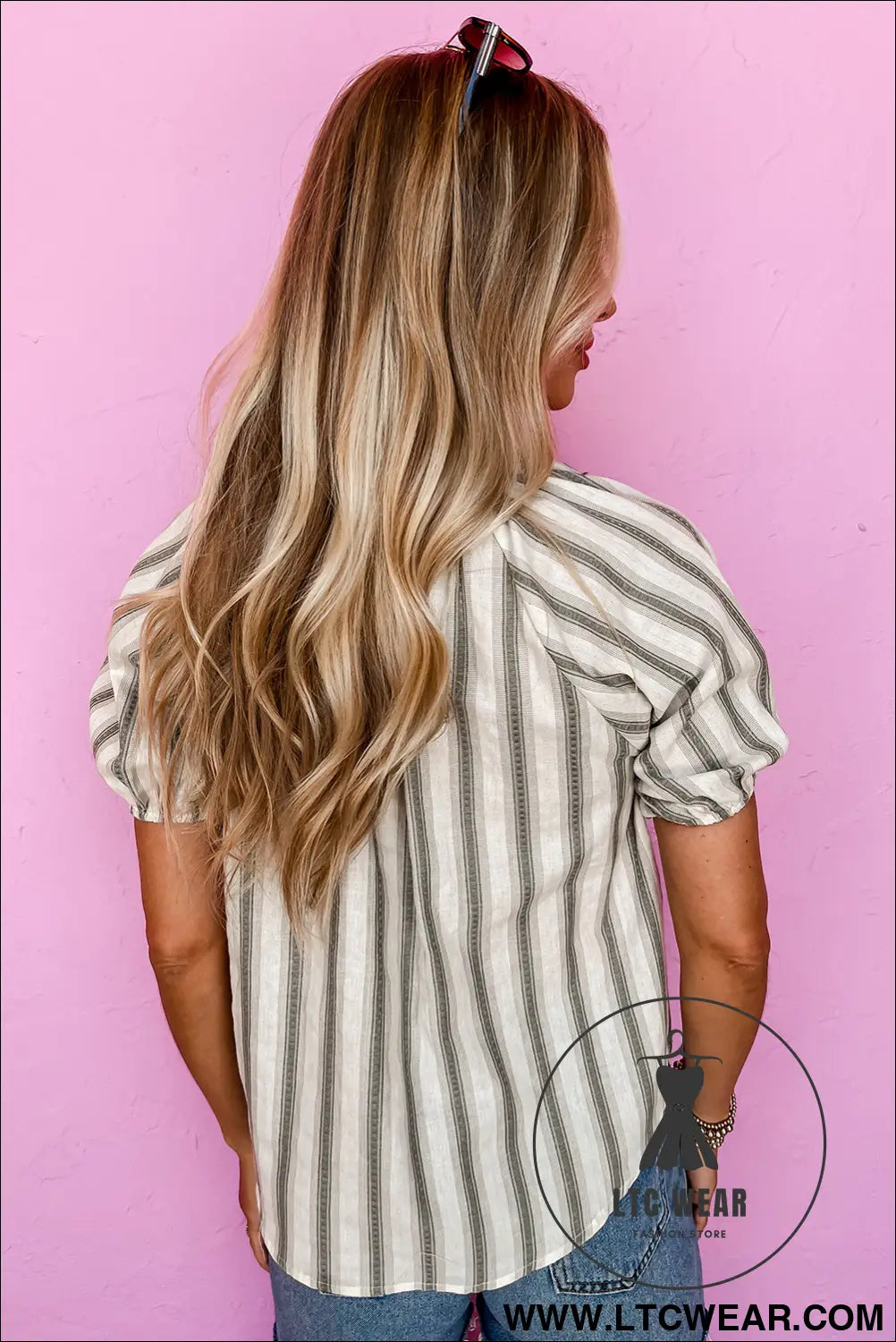 Gray stripe frilled tie neck short sleeve blouse - 15%