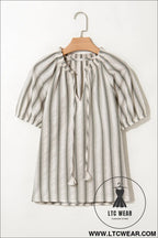 Gray stripe frilled tie neck short sleeve blouse - 15%