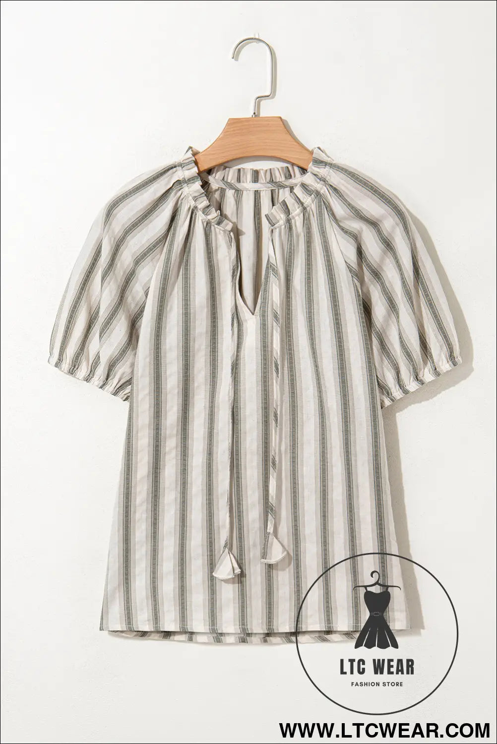 Gray stripe frilled tie neck short sleeve blouse - 15%