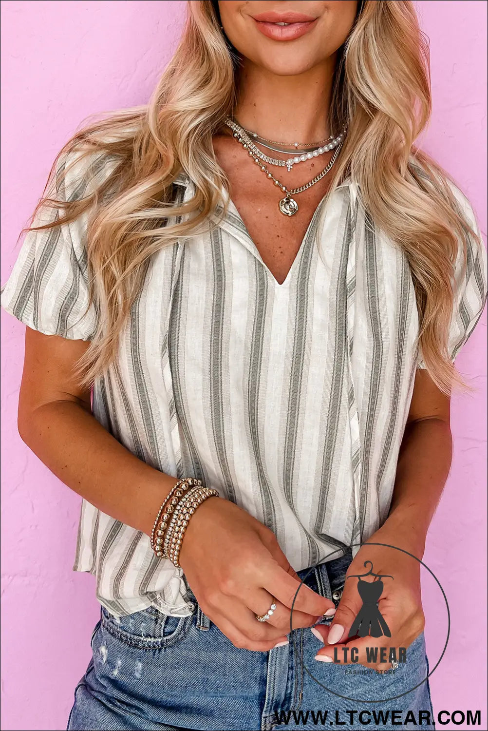 Gray stripe frilled tie neck short sleeve blouse - gray stripe / l / 100% cotton - 15%