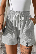 Gray stripe lace-up elastic waist casual pocketed shorts - casual shorts
