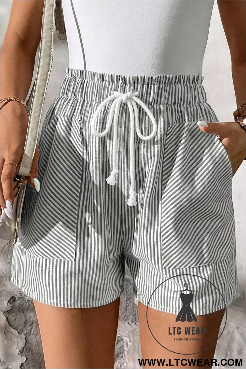 Gray stripe lace-up elastic waist casual pocketed shorts - casual shorts