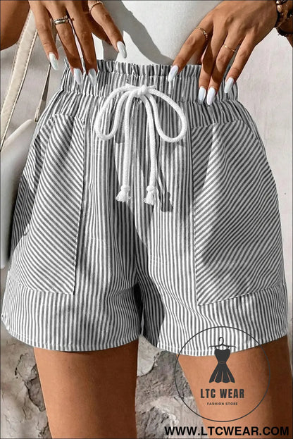Gray stripe lace-up elastic waist casual pocketed shorts - casual shorts