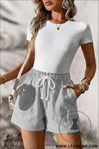 Gray stripe lace-up elastic waist casual pocketed shorts - casual shorts