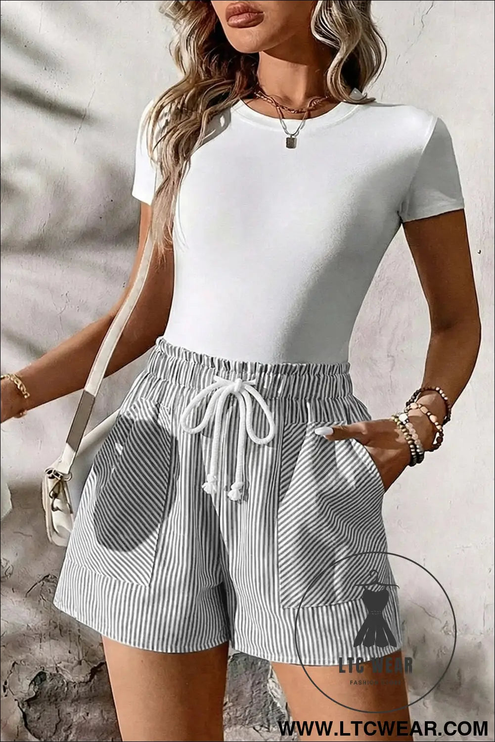 Gray stripe lace-up elastic waist casual pocketed shorts - casual shorts