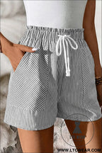 Gray stripe lace-up elastic waist casual pocketed shorts - casual shorts
