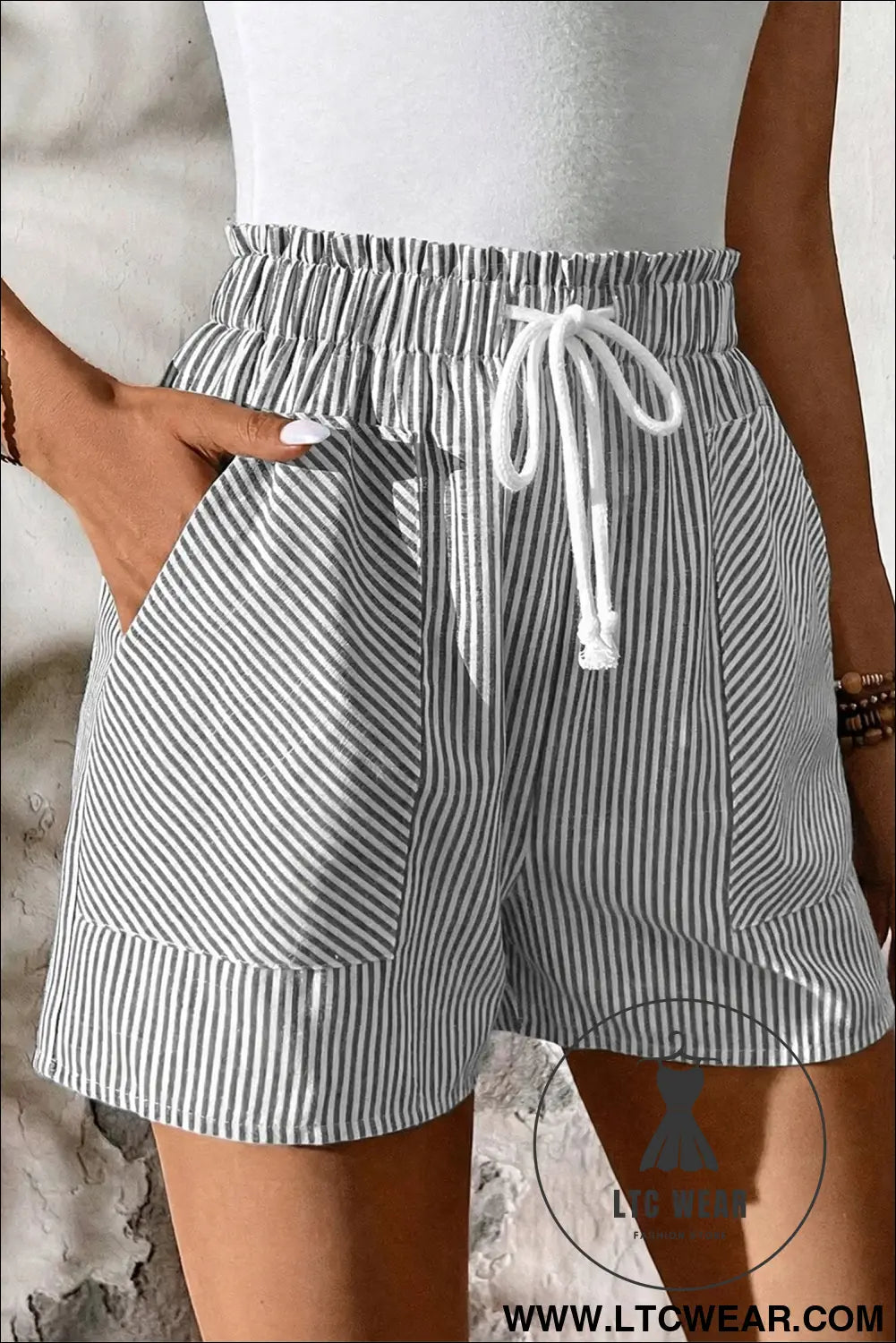 Gray stripe lace-up elastic waist casual pocketed shorts - casual shorts