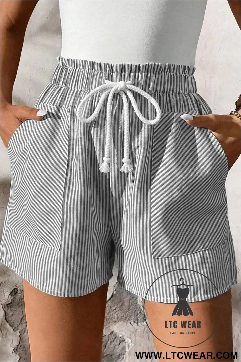 Gray stripe lace-up elastic waist casual pocketed shorts - casual shorts