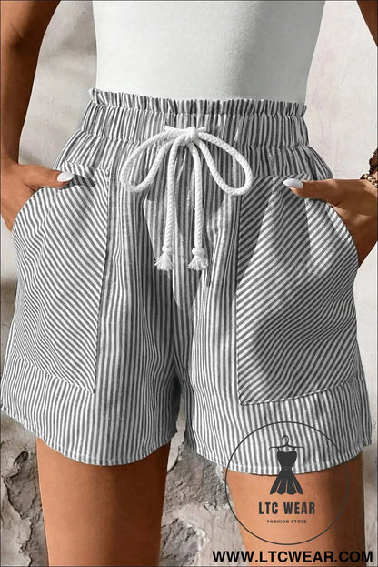 Gray stripe lace-up elastic waist casual pocketed shorts - casual shorts