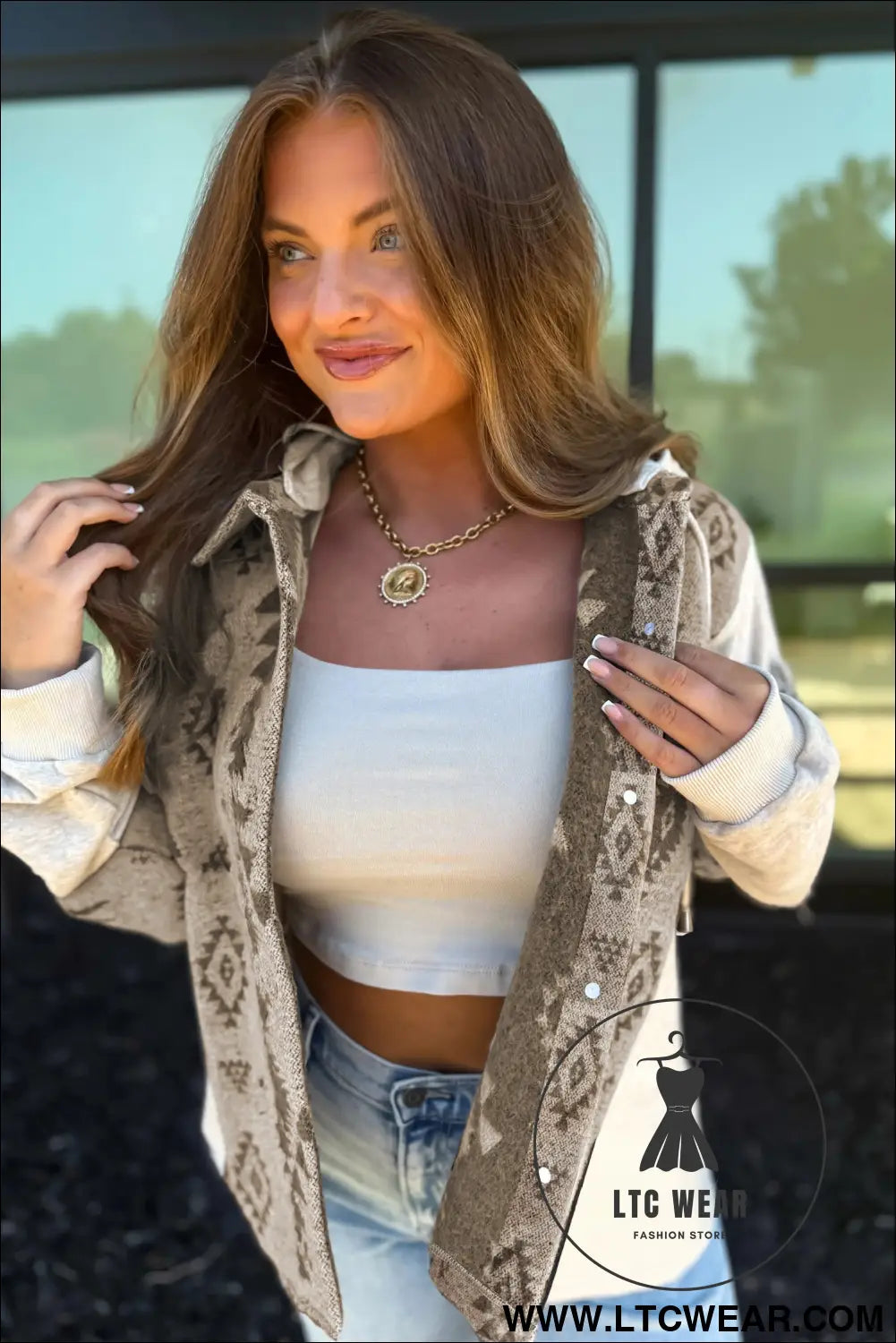Gray western aztec print color block patchwork drawstring hooded shacket - jackets