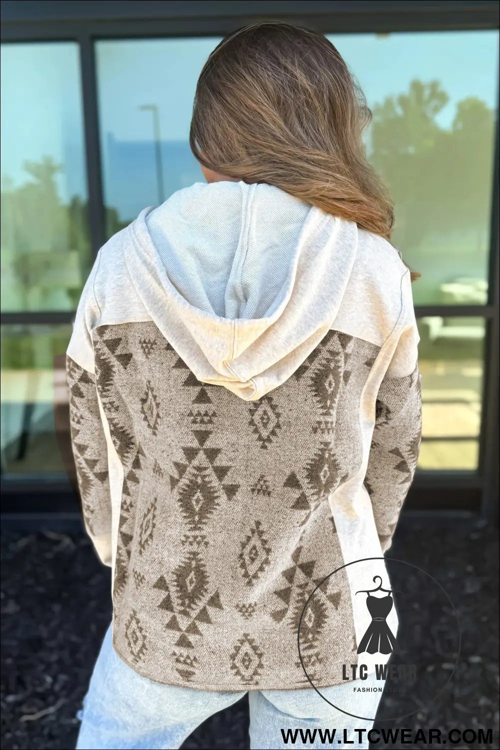 Gray western aztec print color block patchwork drawstring hooded shacket - jackets