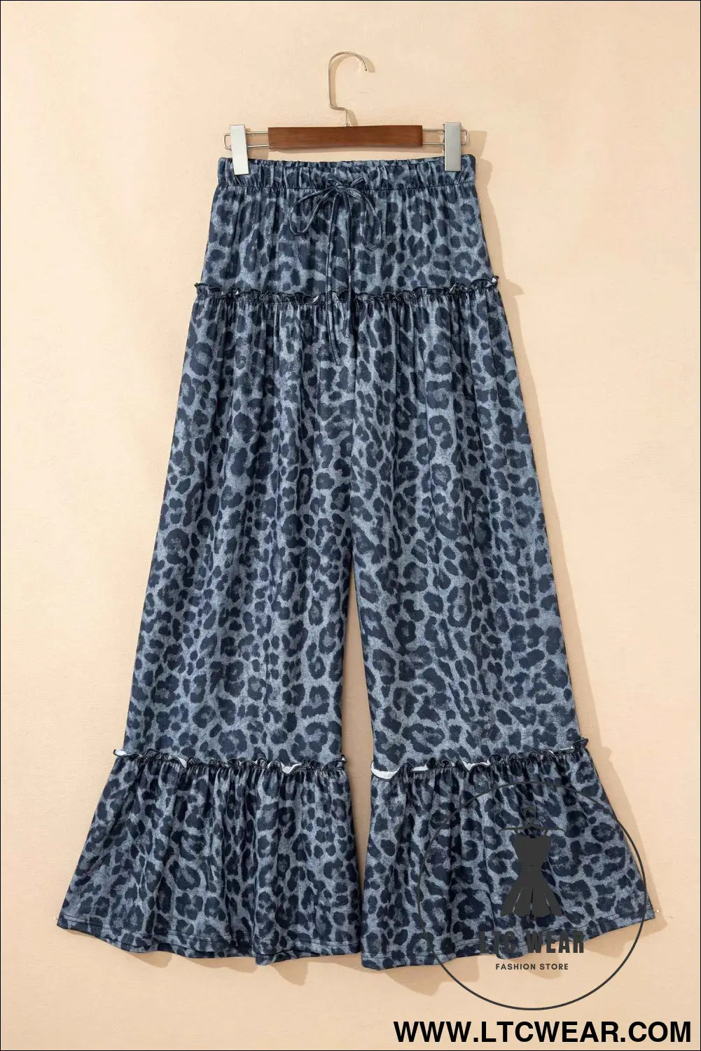 Gray Wild Leopard Print Frilled Detail Drawstring Wide Leg Pants