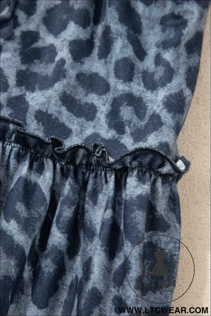 Gray Wild Leopard Print Frilled Detail Drawstring Wide Leg Pants