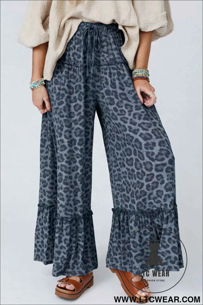 Gray Wild Leopard Print Frilled Detail Drawstring Wide Leg Pants