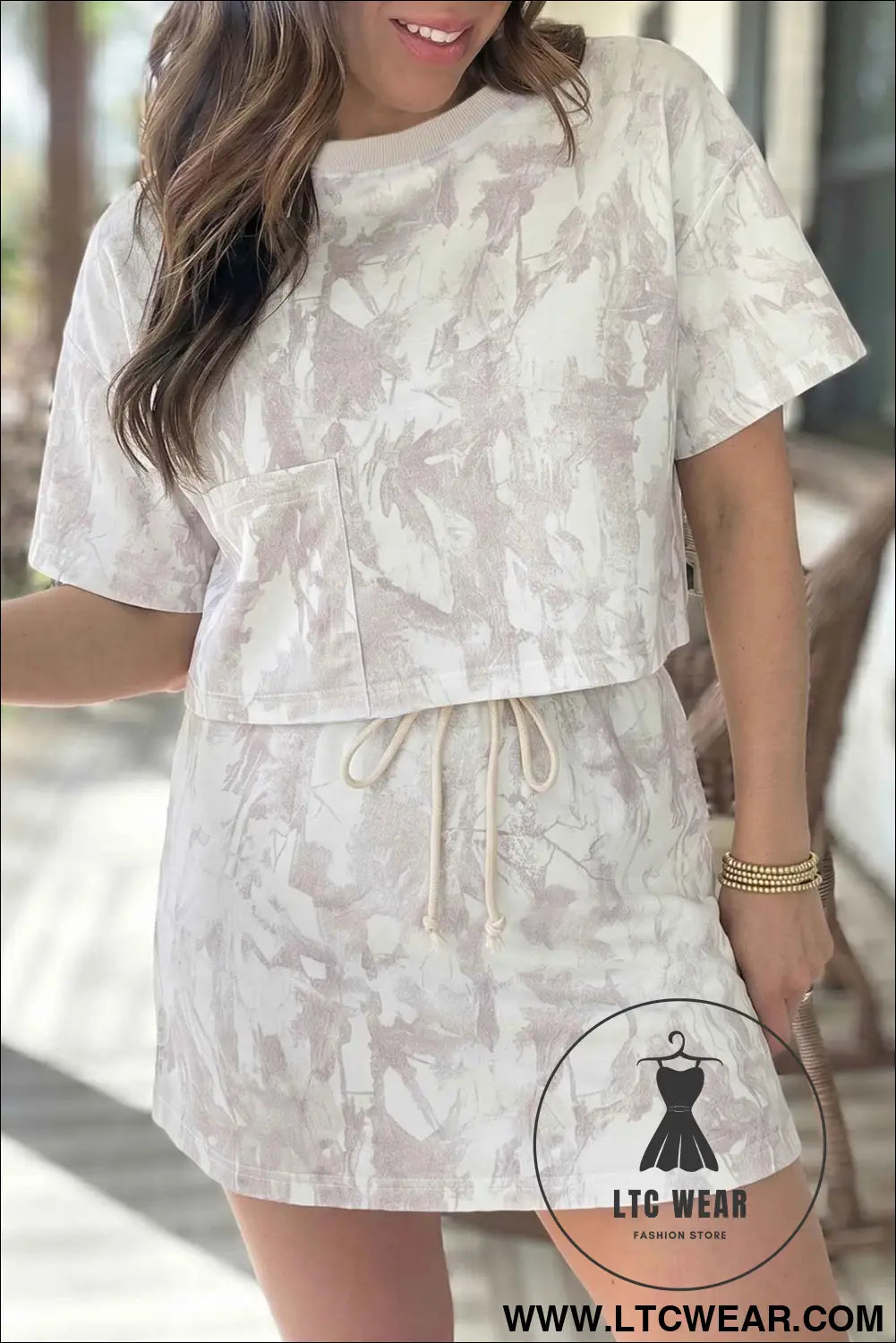 Gray Woodland Camo Print Raw Edge Cropped Top Skirt Set