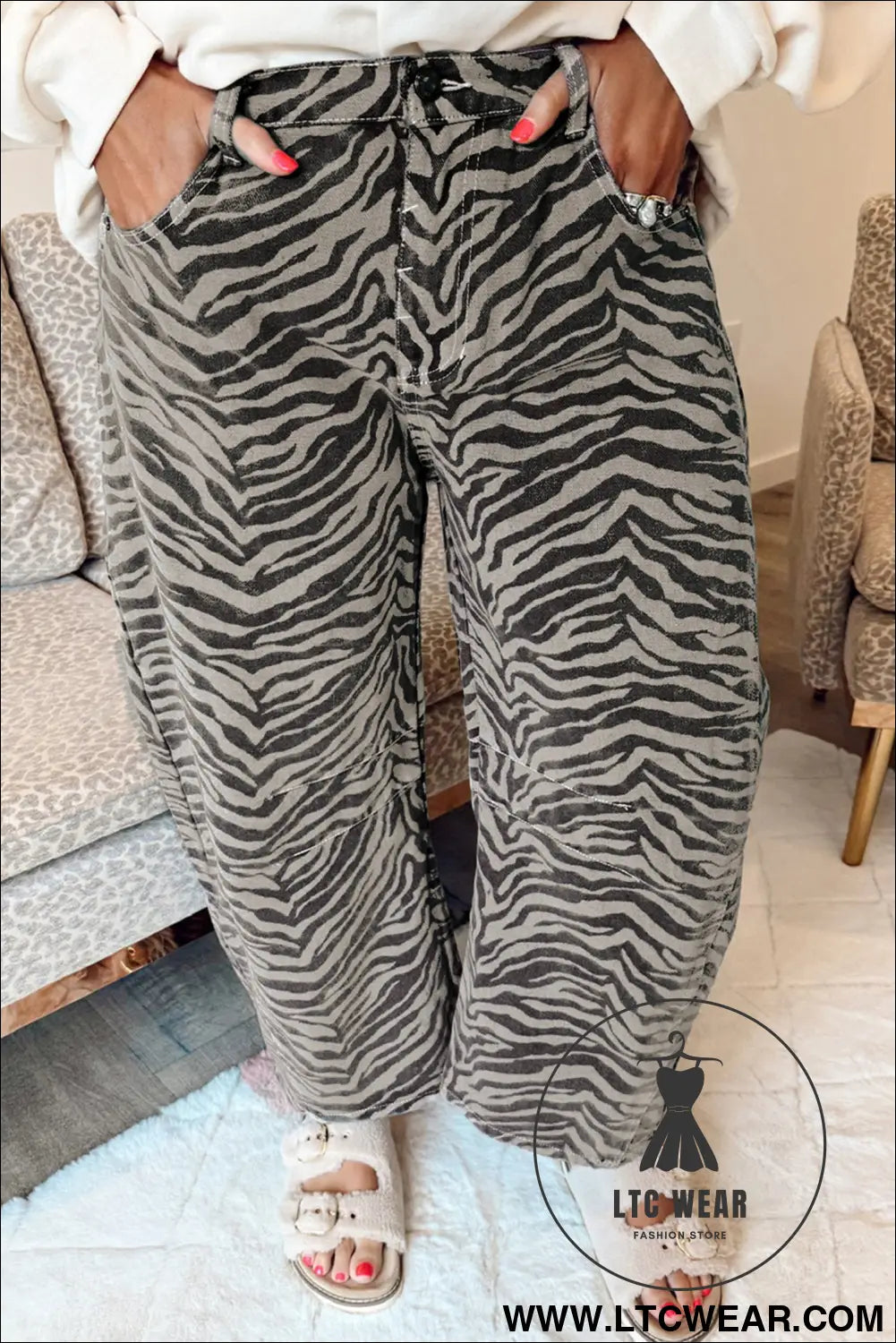 Gray zebra stripe printed wide leg barrel jeans - jeans