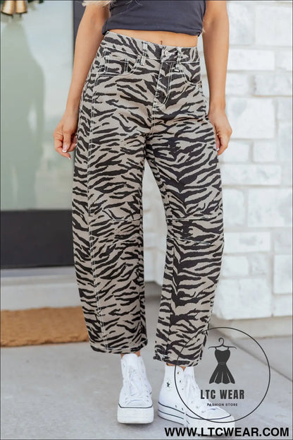 Gray zebra stripe printed wide leg barrel jeans - jeans