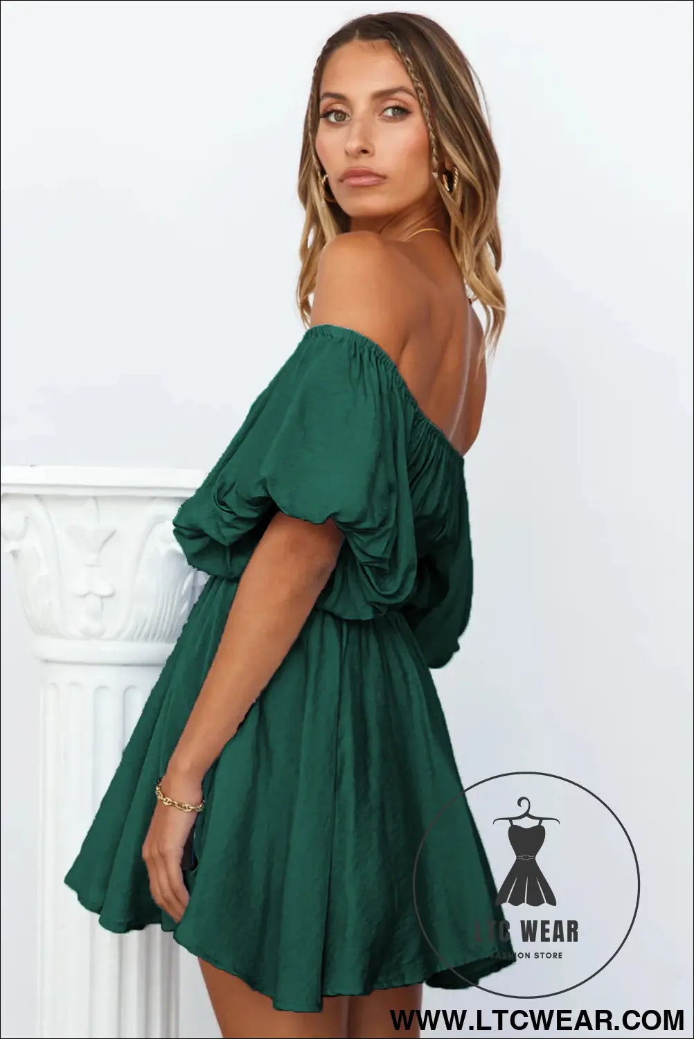 Green-2 solid color shirred bubble sleeve off shoulder babydoll dress - mini dresses