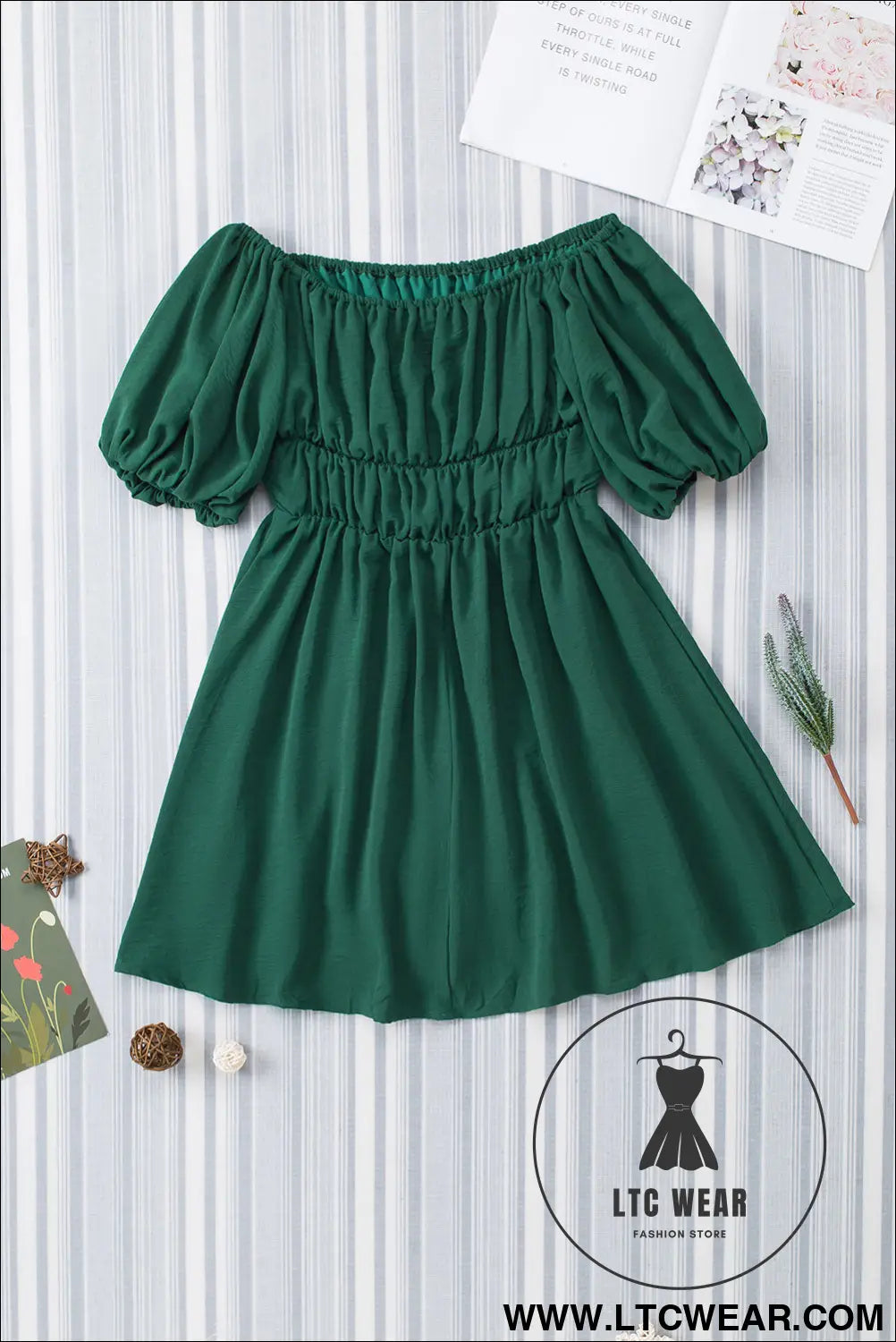 Green-2 solid color shirred bubble sleeve off shoulder babydoll dress - mini dresses