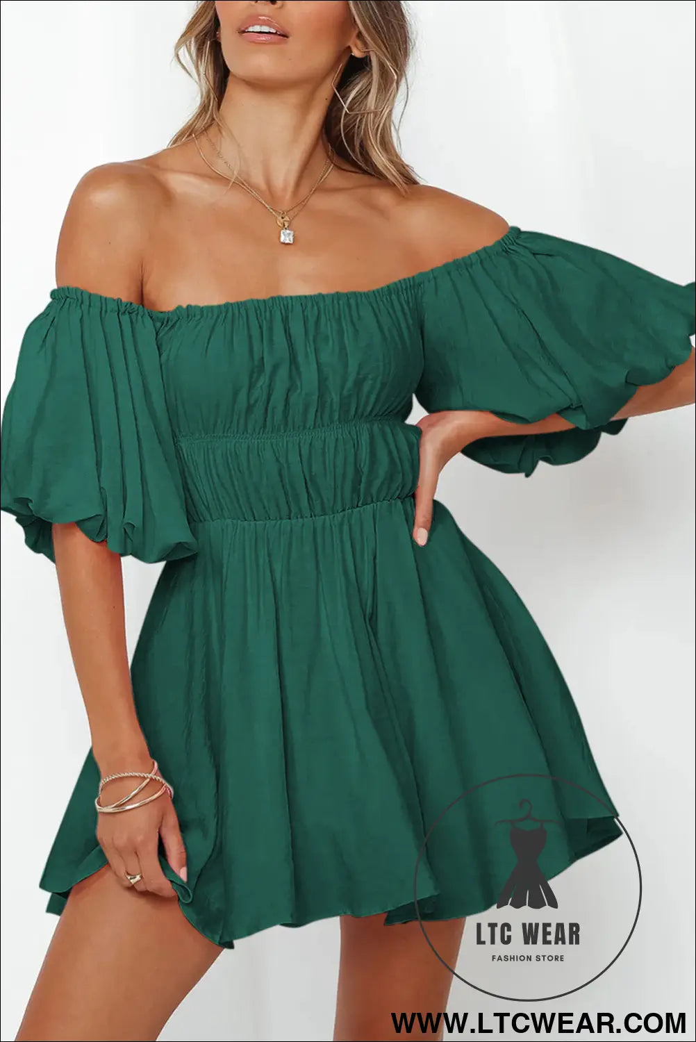 Green-2 solid color shirred bubble sleeve off shoulder babydoll dress - green-2 / 2xl / 100% polyester - mini dresses