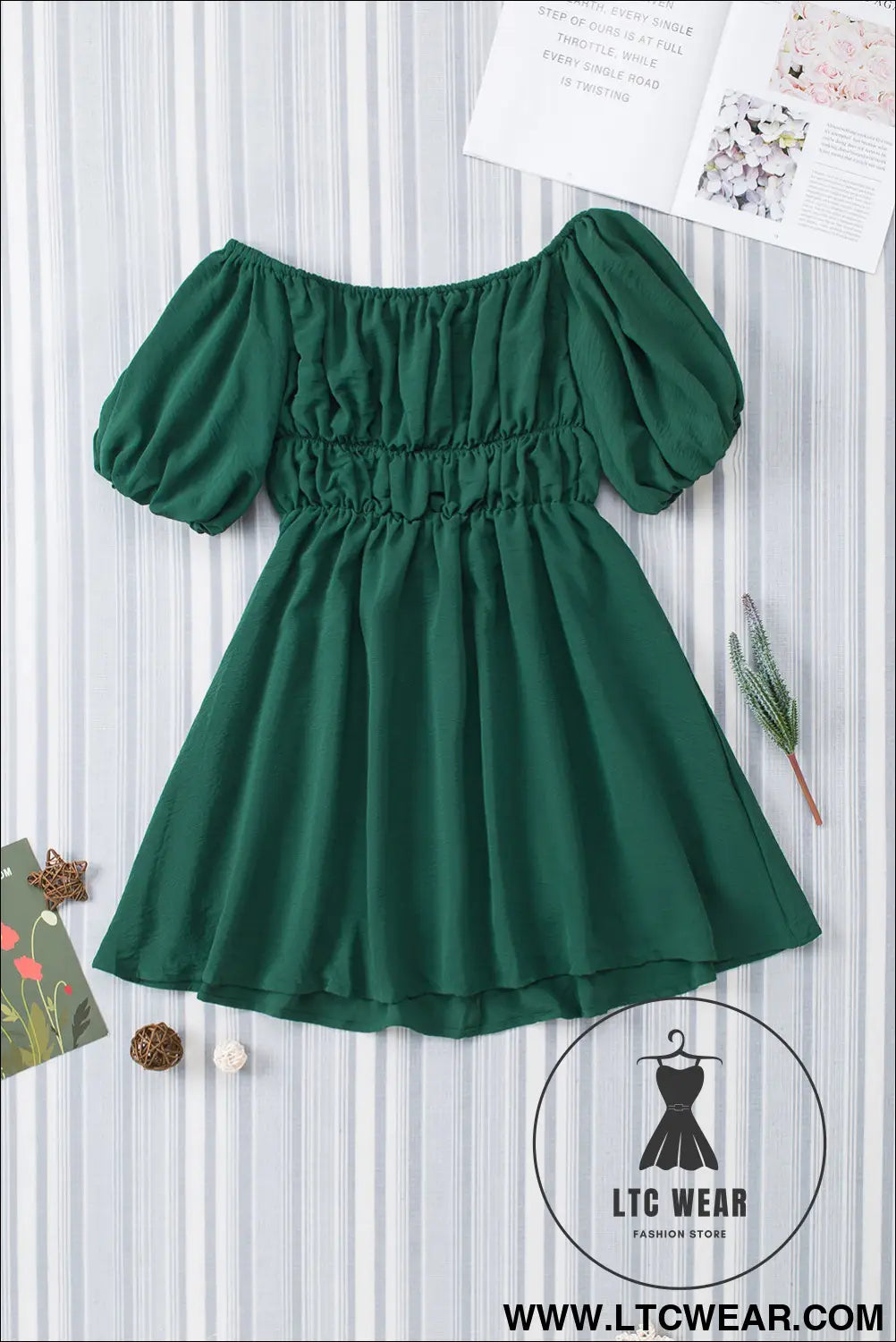 Green-2 solid color shirred bubble sleeve off shoulder babydoll dress - mini dresses