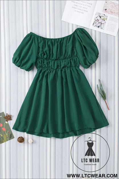 Green-2 solid color shirred bubble sleeve off shoulder babydoll dress - mini dresses