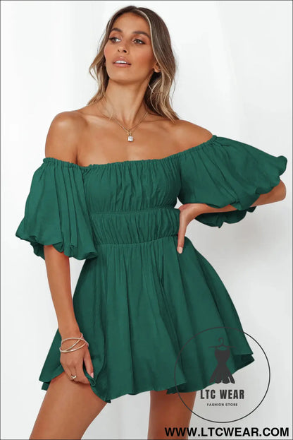 Green-2 solid color shirred bubble sleeve off shoulder babydoll dress - mini dresses