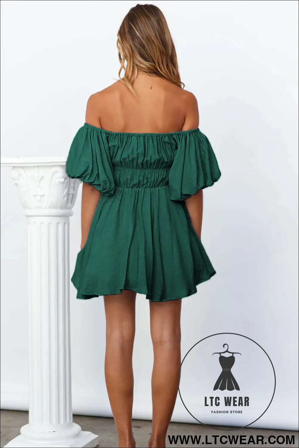 Green-2 solid color shirred bubble sleeve off shoulder babydoll dress - mini dresses