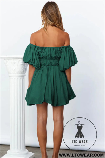 Green-2 solid color shirred bubble sleeve off shoulder babydoll dress - mini dresses