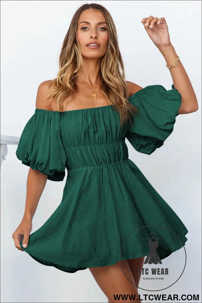 Green-2 solid color shirred bubble sleeve off shoulder babydoll dress - mini dresses