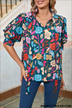 Green 60s floral print puff sleeve tied v neck blouse - 30%